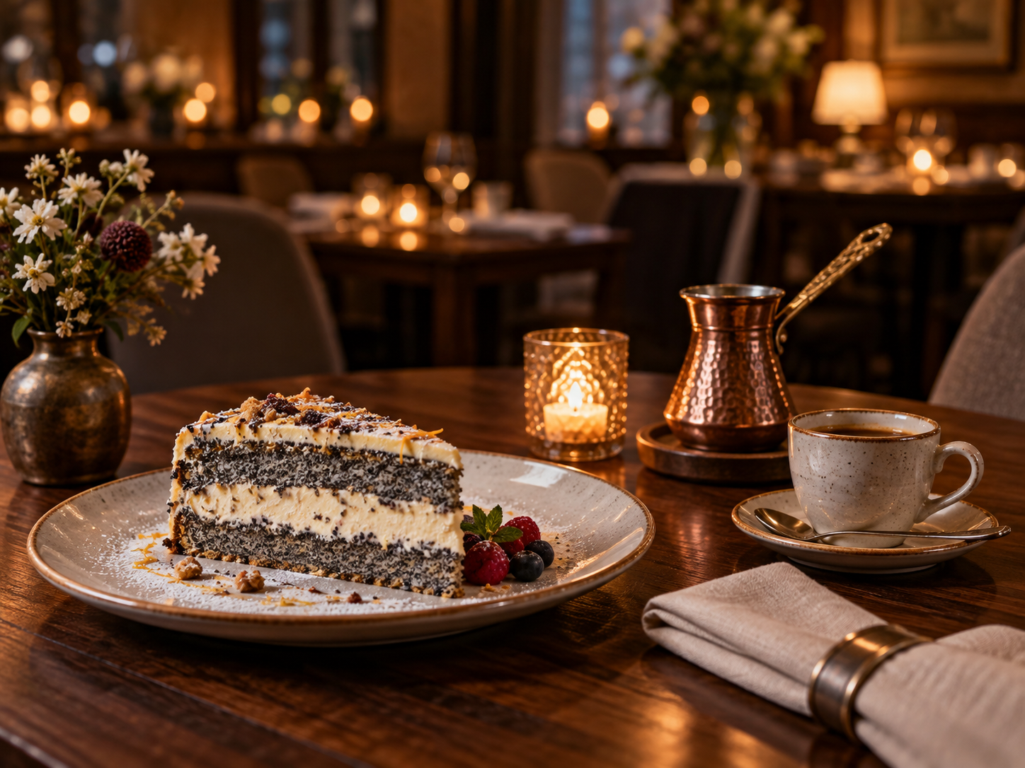 Deser i kawa przy stoliku w restauracji